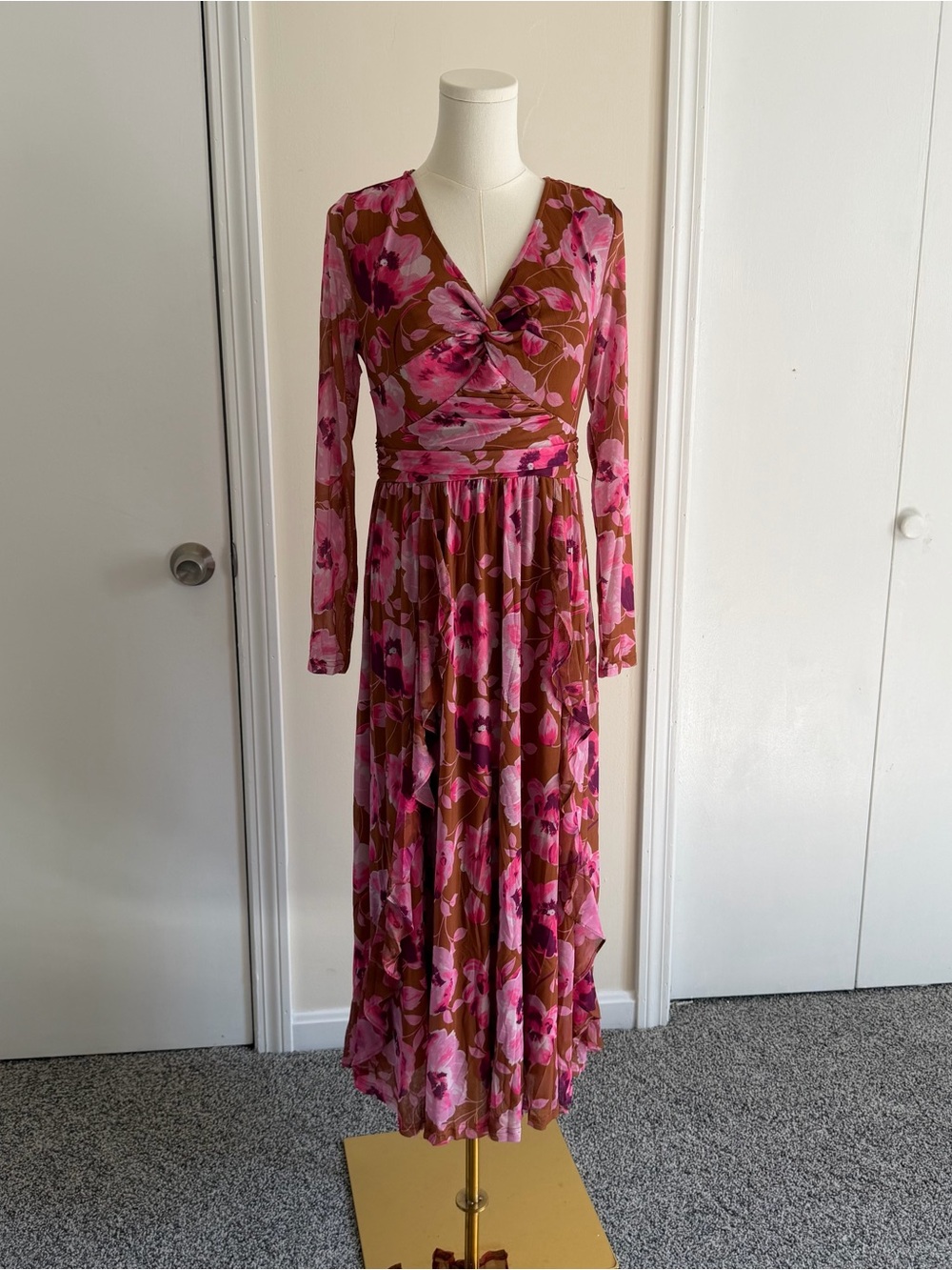 Grace Karin Mesh Long Sleeve Floral Brown & Pink Midi Dress Size Medium